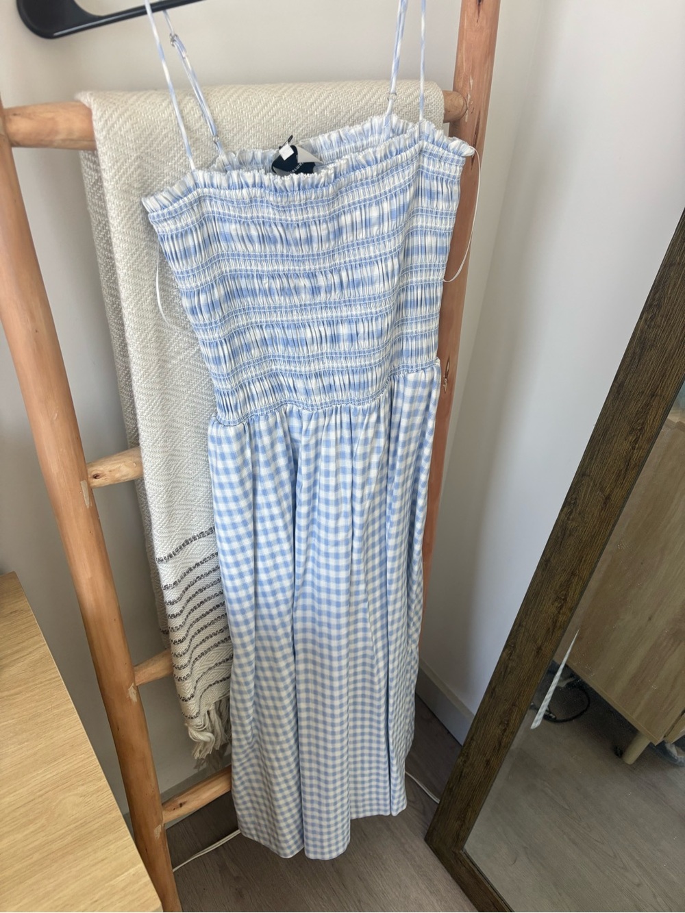 Reformation Light Blue and White Gingham Smocked Dress - Kerrie dress